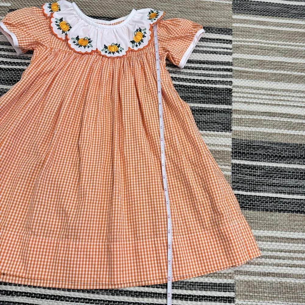 Addie &‎ Hadlie Dress Girls 4T Orange Gingham Pumpkin Embroidered Fall Holiday
